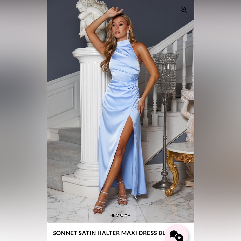 Hello Molly Sonnet Elegant Blue Satin Halter Maxi Dress